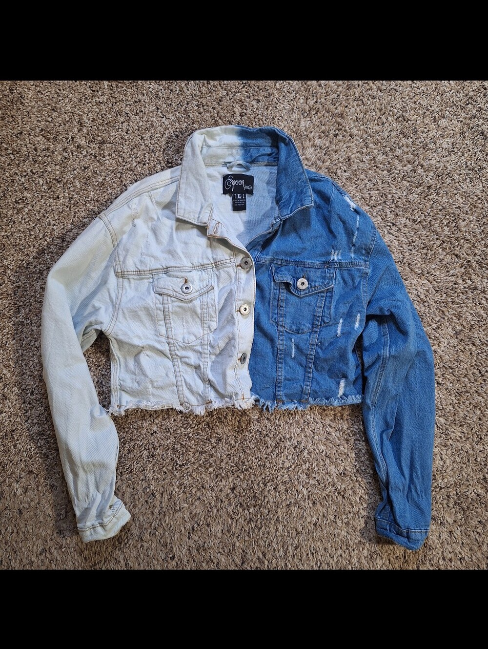 Spoon Jeans Y2K Split Wash Two Tone Cropped Denim Jacket Size L (Fits Small)